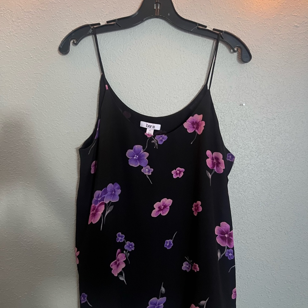 💐🪻Bar III Lined Camisole Sz L Black W/Purple/Pink Floral Print